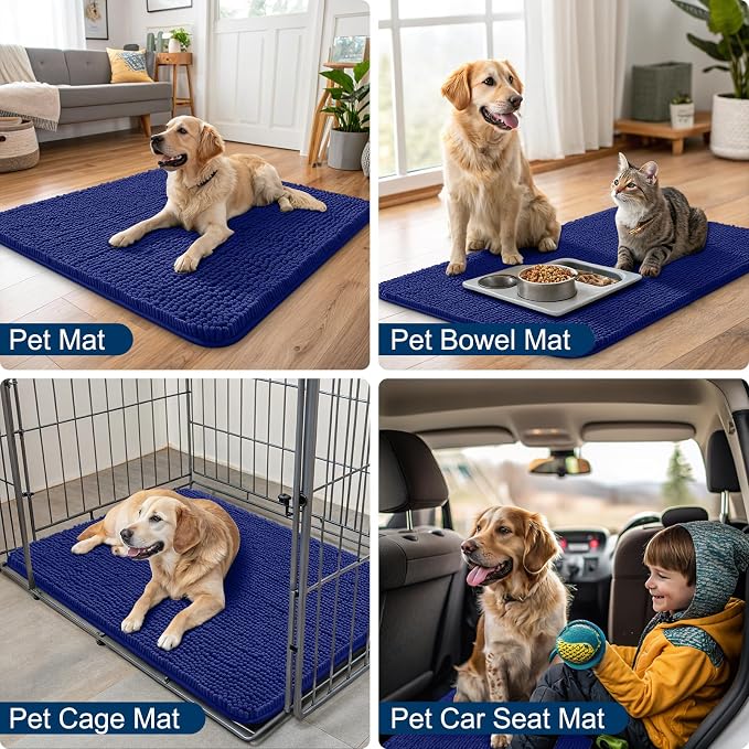 Smiry Dog Door Mat for Muddy Paws 70x24, Absorbent Dirt Trapper, Non-Slip Washable Chenille Entryway Rug for Inside Floor, Navy Blue, Classic Solid