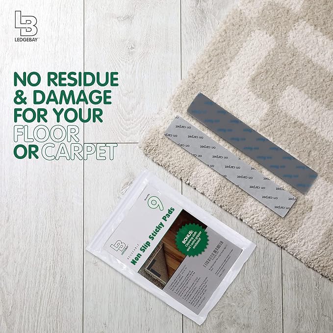 Ledgebay Rug Pad Grippers for Area Rugs Pack of 9 Reusable, No Skid, Washable, Anti-Slip Pads, Rug Gripper for Hardwood Floors and Tile with Double-Sided, Self Adhesive Rug Tape to Keep Rugs Flat