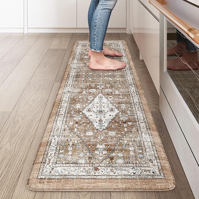 Collive Farmhouse Kitchen Mats, Cushioned Anti Fatigue Mats for Floor, Non Skid Waterproof Kitchen Rugs Cream/Brown Farmhouse Standing Desk Mat for Kitchen Sink, Laundry, Office-17.3" x 59"