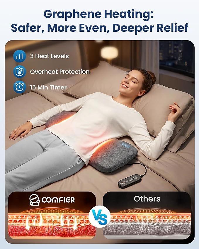 COMFIER 3-in-1 Cordless Lumbar Support Pillow with Remote Control, Smooth Spine Triple Fusion Back Massager with Graphene Heat, Vibration & Stretching, Ergonomic Lower Back Massager