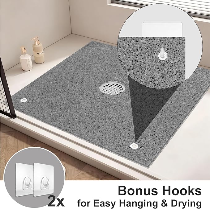 Extra Large Square Shower Mat for Inside Shower, 24 x 24 Inch Shower Floor Mat with Center Drain Hole, Designed for Walk-in Showers, Non-Slip Loofah Mat with Wide Coverage for Stable Standing