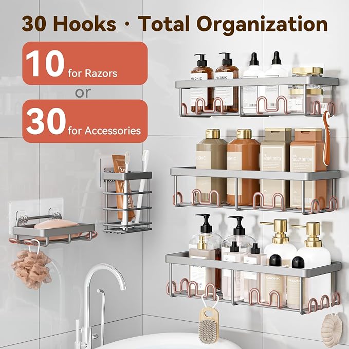 YASONIC Shower Caddy Adhesive, 100% Rustproof Shower Organizer with Soap and Toothbrush Holder, Large Capacity Shower Shelves for Inside Shower, No Drill Shower Storage for Home (5 Pack Grey)