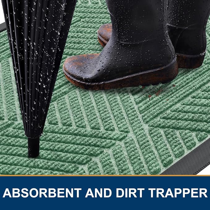 Smiry Front Door Mat Outside Entrance, Heavy Duty Sturdy Natural Rubber Doormat, Trap Dirt and Moisture, Easy Clean Low Profile Mats for Indoor Outdoor Entry, Irregular Triangle (29.5x17, Mint Green)
