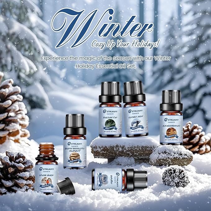 Essential Oils Winter Set,Premium Fragrance Essential Oils Gift Set for Diffuser, Soap & Candle Making Scents - Gingerbread,Warm Woollen Blanket, Balsam Fir, Snow Walk, Sleigh Ride