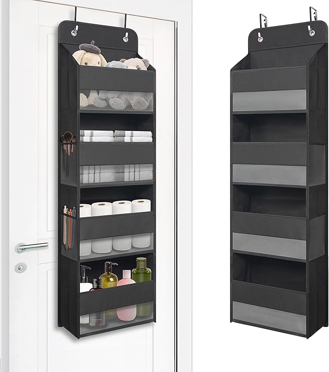 TYMENSH Black Over Door Organizer with 4 Large Clear Pockets, Compact Black Hanging Door Storage for Closet, Bathroom, Bedroom, Dorm, Nursery, Toys, Cosmetics, Baby Essentials