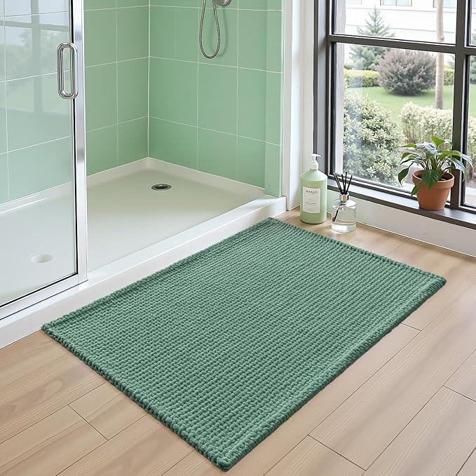 DEXI Bathroom Rugs 24x16, Non Slip Washable Bath Mat, Absorbent Chenille Bathmat, Ultra Soft Thick Carpet for Tub Shower Floor, Green