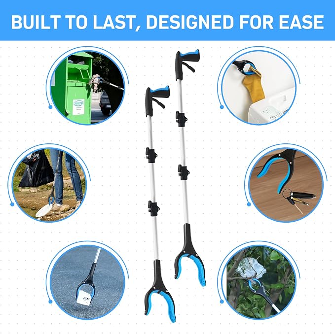 Grabber Reacher Tool for Seniors,43" Foldable Reacher Grabbers Pickup Stick with Anti-Slip 360° Rotating Jaw，with Magnet for Disabled, After Surgery Recovery (Blue, 43inch 2pack)