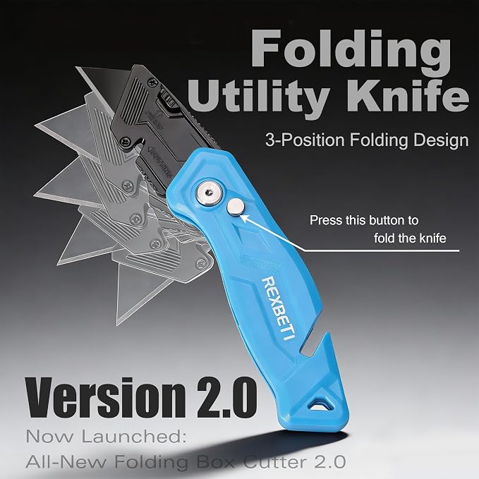 REXBETI Folding Pocket Utility Knife Quick-change SK2 Box Cutter for Cartons, Cardboard and Boxes, Back-lock Mechanism with 20 Extra Blades (12 folding utility knife)