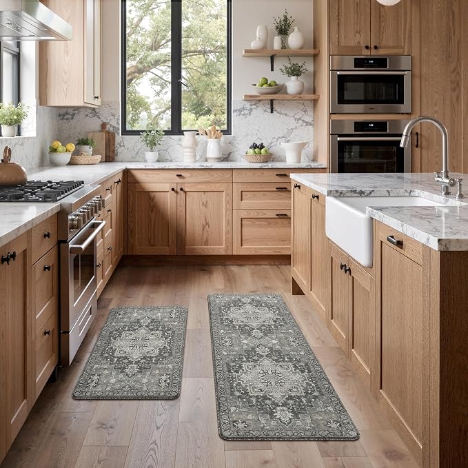 GENIMO Kitchen Mats for Floor 2PCs, Washable Anti Fatigue Mat for Cushioned, 17.3"x47"+17.3"x30", Waterproof Kitchen Rugs, Non Slip Comfort Standing Mat Rug for Home, Sink, Laundry, Dark Gray