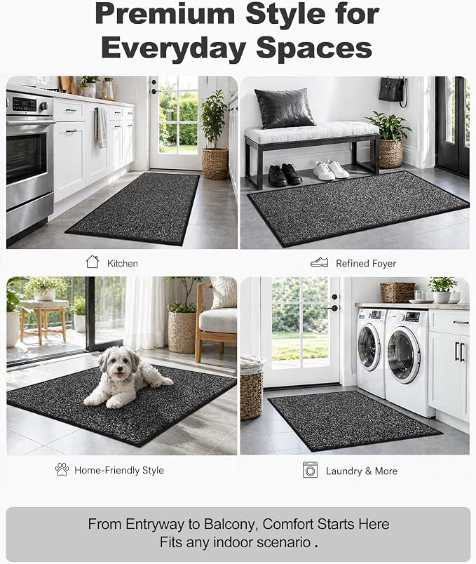Mibao Front Door Mat Indoor Entrance, 32" x 20", Dirt Trapper Welcome Mat for Outdoor Indoor, Non-Slip Waterproof Doormat, Durable Machine Washable Low Profile Entry Rug for Back Door Outside,Grey