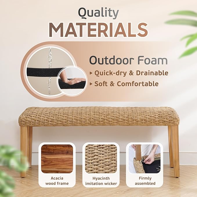 Outdoor Backless Bench, All-Weather Wicker & Solid Acacia Wood, Premium Garden Bench with Woven Rattan Seat and Thick Outdoor Cushion for Patio, Porch, Living Room or Entryway (Natural, PE Wicker)