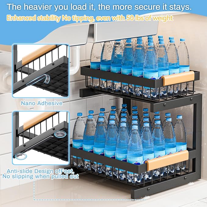 ADBIU Under Sink Organizer(10 Seconds Installation), 2 Packs 2 Tier Expandable Height (11"" - 16"") Under-Sink Organizers Slide out Pull out Organizer Shelf, Black