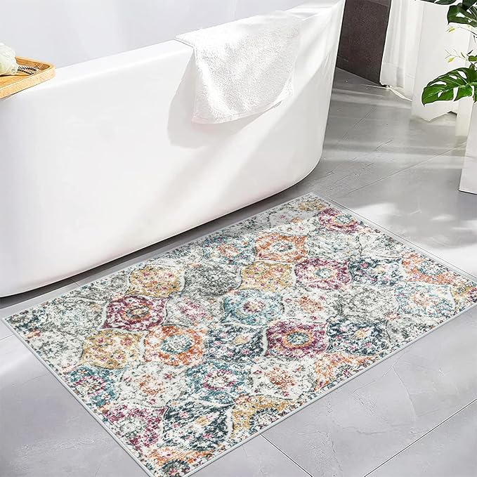 Lahome Moroccan Trellis Entryway Rug, 2x3 Kitchen Rugs Non Slip Washable, Non-Slip Indoor Door Mat Ultra-Thin, Small Throw Carpet for Bathroom Bedroom Entry Elise, Aqua/Multi