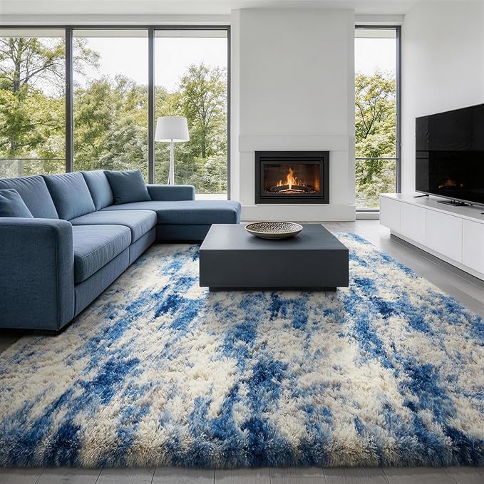 Ophanie 9x12 Blue and Gray Area Rugs for Living Room, Large Navy Grey White Fluffy Shag Fuzzy Plush Soft Carpets, Floor Shaggy Rugs for Bedroom, Carpet for Kids Boys Dorm Nursery Home Decor Aesthetic