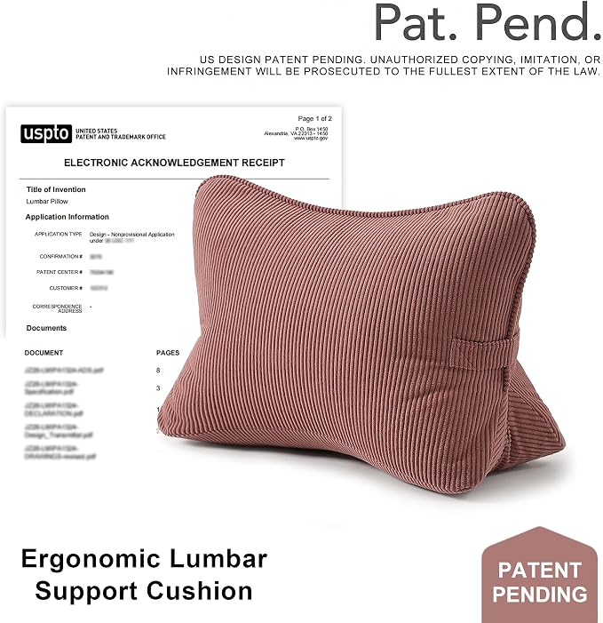 Pat. Pend. Corduroy Back Pillow for Sitting Up & Reading, Ergonomic Triangle Lumbar Support Cushion for Sofa, Armchair & Bed, Removable Cover, Brick Brown