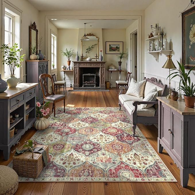 Lahome Moroccan Machine Washable Rugs for Living Room, 4x6 Rug for Bedroom Non-Slip Vintage Trellis Ultra-Thin Throw Carpet for Dining Room Office Nursery Elise, Orange/Terracotta