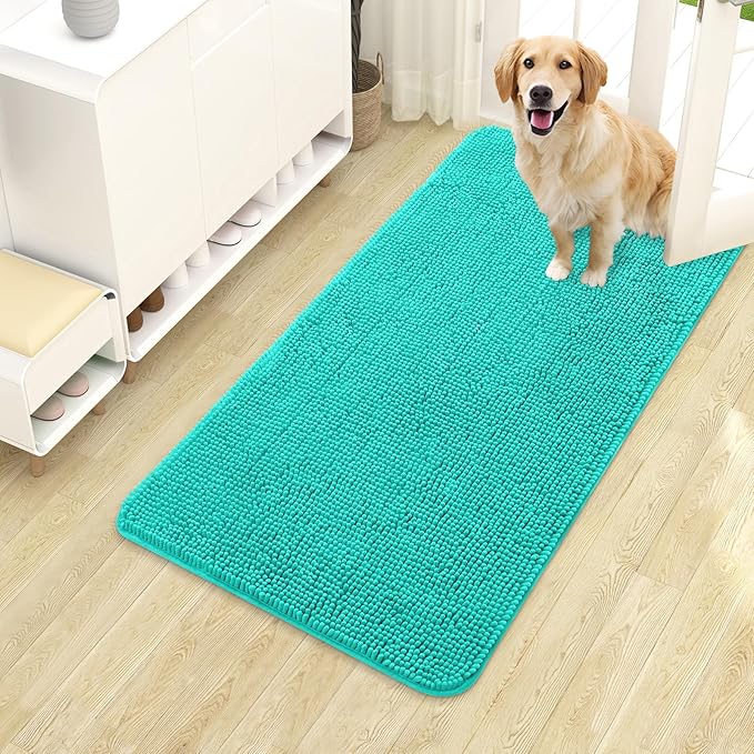 OLANLY Dog Door Mat for Muddy Paws 40x24, Absorbs Moisture and Dirt, Absorbent Non-Slip Washable Doormat, Quick Dry Chenille Mud Mat for Dogs, Entry Indoor Entryway Carpet for Inside Floor, Teal