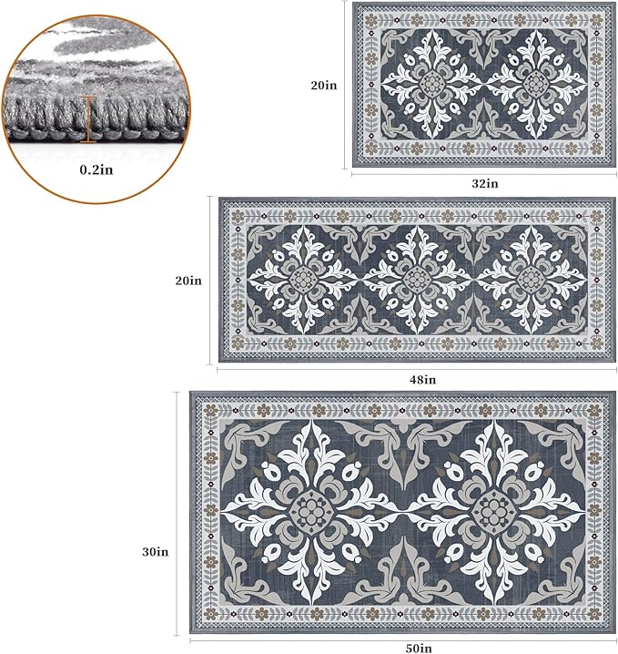 Kitchen Rugs Set of 3, Non-Slip & Washable Floor Mats, Water-Absorbent Area Pad, Standing Desk Mat for Office, Home, Doorway, Laundry, Kitchen Accessories (Grey)