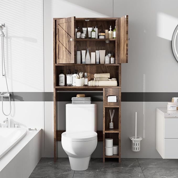 Over Toilet Storage Cabinet with Toilet Paper Holder Stand, Freestanding Bathroom Storage Cabinet, Rustic Farmhouse Bathroom Organizer with Adjustable Shelf & Anti-Tipping, Walnut