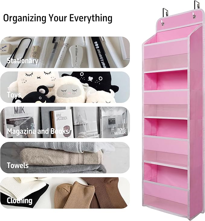 Giraffe Creation Compact Pink Over Door Organizer with 4 Large Clear Pockets, Compact Hanging Door Storage for Nursery, Bedroom, Bathroom, Closet, Baby Essentials
