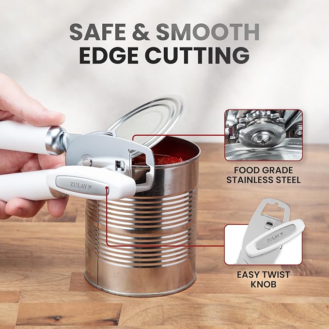 Zulay Kitchen Heavy Duty Stainless Steel Can Opener Manual with Bottle Opener - Rust Proof Manual Can Opener With Turn Knob & Comfy Soft Grip Handles - White