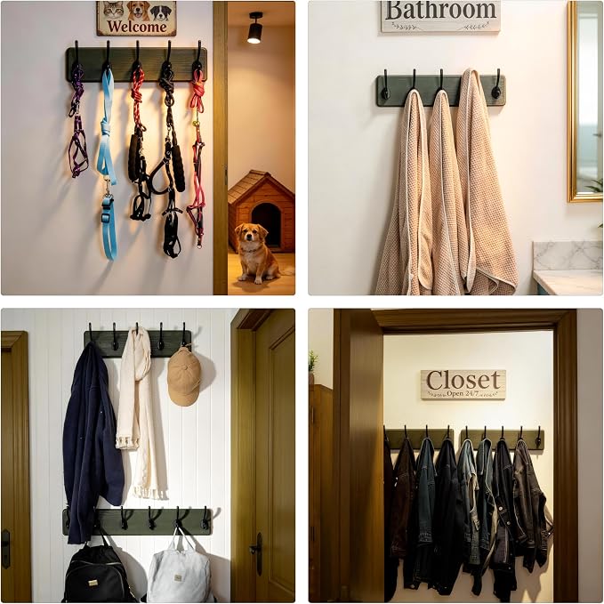 Dseap Coat Rack Wall: Patented, Heavy-Duty, 5-Double-Hooks Wooden Wall Mounted Coat Rack Coat Hanger Hook Rail for Winter Coats Hat Jacket Clothing, Weathered Green