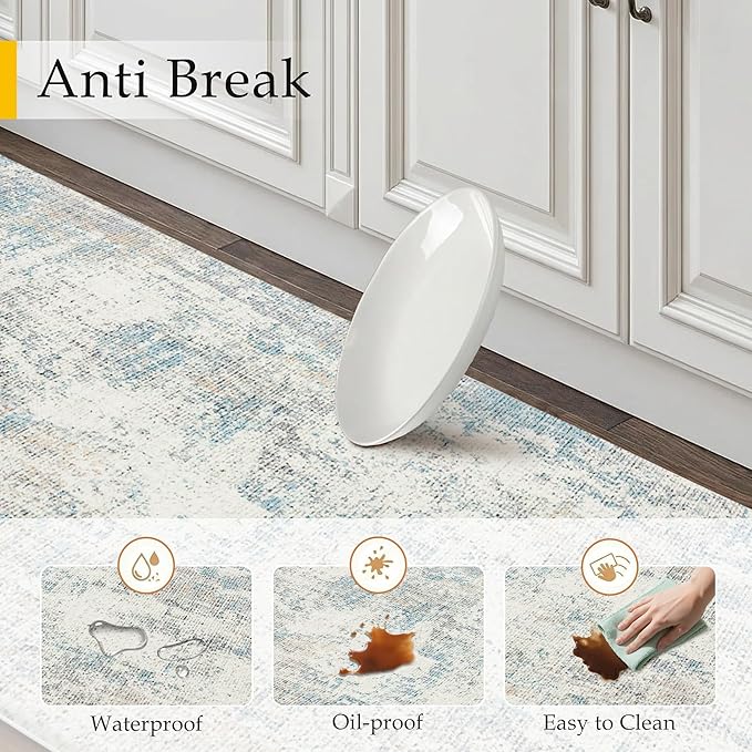Kitchen Mats for Floor Set of 2 Anti Fatigue Waterproof Kitchen Rug Blue Cream Abstract Cushioned Non-Slip Kitchen Mats Comfort Standing Neutral Mat for Sink Laundry Office 17.3"×47"+17.3"×30"