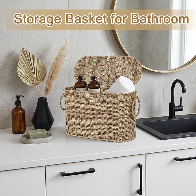 efluky Toilet Paper Storage Basket, Seagrass Slim Toilet Paper Holder with Lid- Holds Up to 9 Mega Rolls, Home Bathroom Decor Organizer