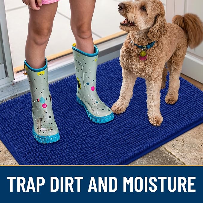 Smiry Dog Door Mat for Muddy Paws 24x16, Absorbent Dirt Trapper, Non-Slip Washable Chenille Entryway Rug for Inside Floor, Royal Blue, Classic Solid