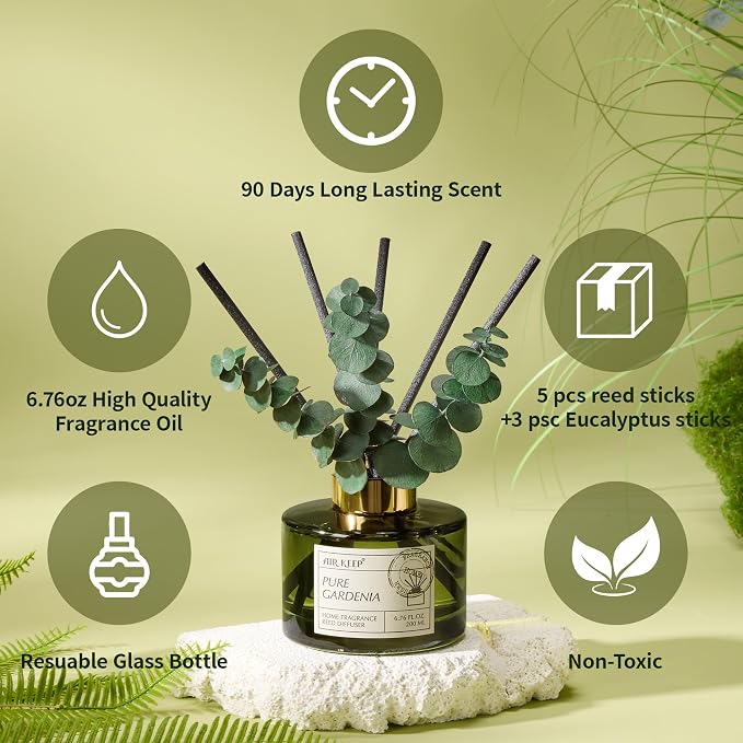 Airkeep Reed Diffuser Set with 6.76 fl oz Pure Gardenia Scent Essential Oils and 3 Leaves & 8 Diffuser Sticks,Bathroom Shelf Decor & Air Freshener, House Bedroom Office Decor & Gifts