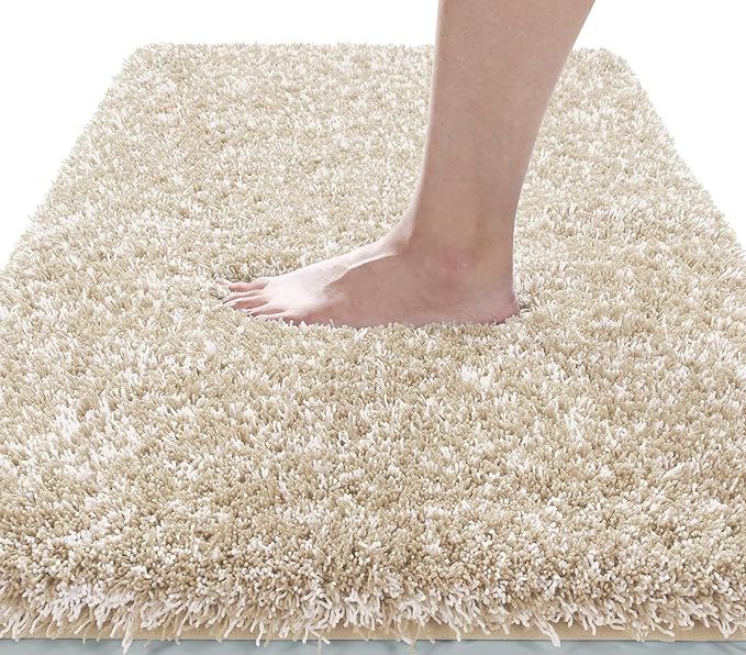 Yimobra Fluffy Plush Bath Rug, Shaggy Soft Comfortable Non Slip, Water Absorbent Microfiber Bath Mat, Dry Quick, Machine Washable Thick Bathroom Floor Rugs for Shower, 44" X 24", Light Beige and White