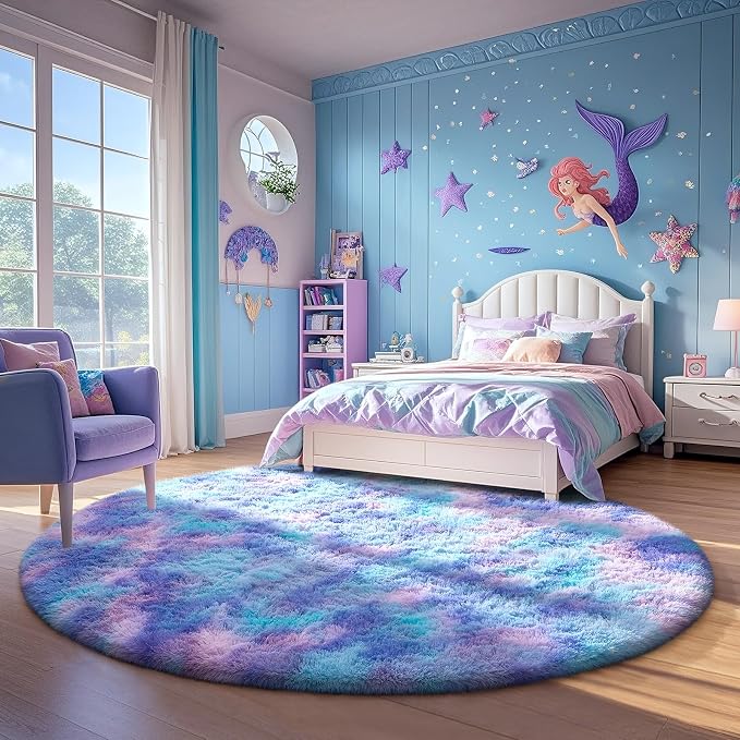 Ophanie Round Rugs 5Ft Tie-Dye Rainbow Purple Area Rug, Aesthetic Room Decor, Fluffy Fuzzy Bedroom Carpet, Plush Soft Shaggy Colorful Living Room Rugs for Kids Home, Nursery