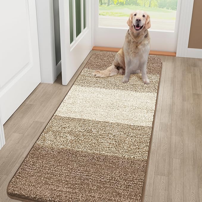 Smiry Dog Door Mat for Muddy Paws, Absorbs Moisture and Dirt, Low-Profile Entryway Mat with Non-Slip Backing, Entry Indoor Outdoor Doormat for Inside Floor (48x30 Inches, Khaki, Striped)