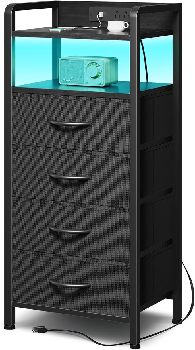 Lazzanto Night Stand Bedside Table Bedroom - Tall Nightstand with Charging Station & LED Light Strip, Bed Side Table with Storage Shelf & 4 Fabric Drawers, 2 U-S-B Ports & 2 AC Outlets
