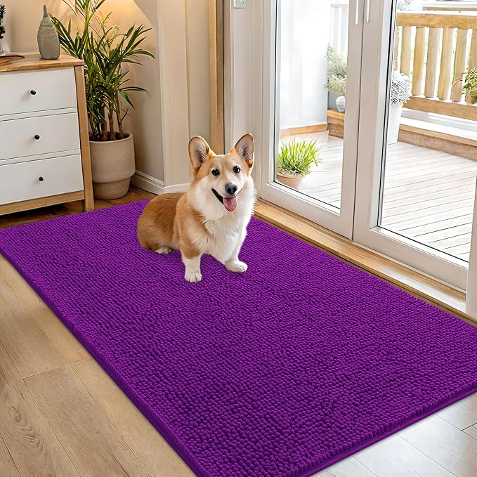 OLANLY Dog Door Mat for Muddy Paws 54x32, Absorbs Moisture and Dirt, Absorbent Non-Slip Washable Doormat, Quick Dry Chenille Mud Mat for Dogs, Entry Indoor Entryway Carpet for Inside Floor, Purple