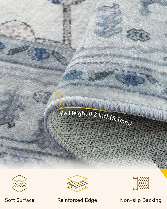 RELEANY Area Rugs Round 4ft Washable Non-Slip, Floral Vintage Distress Medallion Carpet for Living Room Bedroom Dining Room, Light Blue Navy Gray White