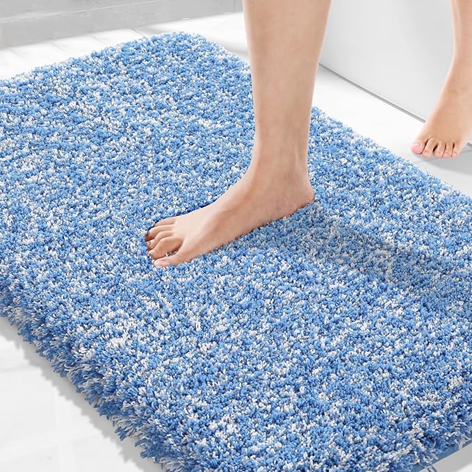Yimobra Bathroom Rugs Non Slip Washable 36X24, Ultra Soft and Water Absorbent Bath Mats, Plush Fluffy Shower Mat Outside, Luxury Microfiber Thick Matts for Bathroom Floor/Tub, Blue and White