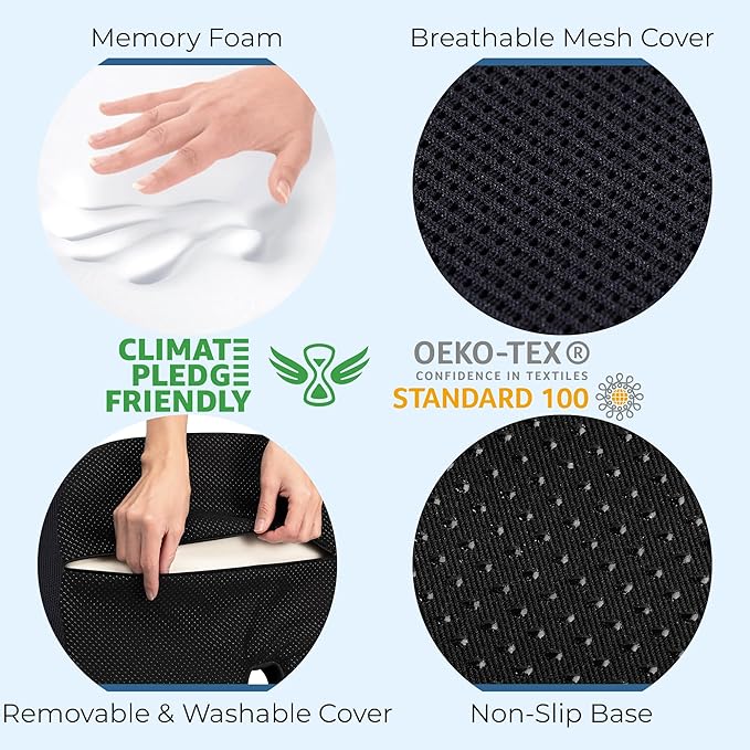 5 STARS UNITED Seat Cushion - Memory Foam Chair Cushion for Tailbone Pain Relief - Ergonomic Support for Coccyx, Sciatica & Butt - Office, Desk & Gaming Chair, Car Seat, Wheelchair, Black Mesh