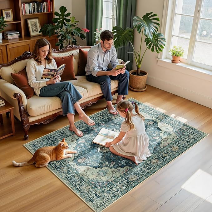 RELEANY Area Rugs 4'x6' Washable Non-Slip, Floral Vintage Distress Medallion Carpet for Living Room Bedroom Dining Room, Dark Blue Vintage