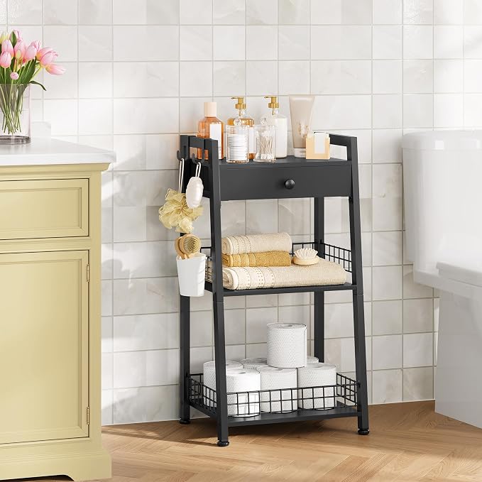 Gewudraw 3-Tier Ladder Shelf with Drawer, Bathroom Table Stand for Small Space, Standing Bathroom Shelves with Storage for Living Room Kitchen Bedroom, Organizer Shelf, Black