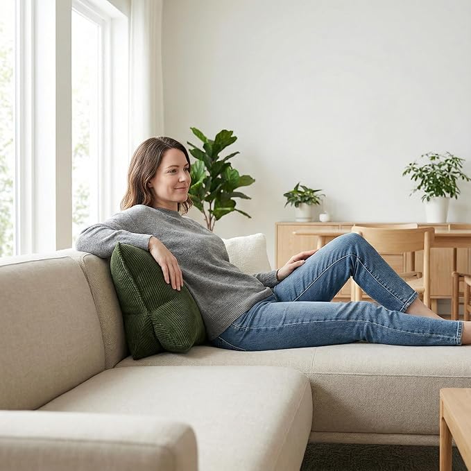 Pat. Pend. Corduroy Ergonomic Lumbar Support Pillow for Sitting Support, Triangle Back Cushion for Sofa, Armchair & Bed, Washable Cover, Avocado Green