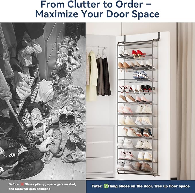 Whitmor 36 Pair Over The Door Shoe Organizer, 12 Tier Hanging Shoe Organizer, Heavy Duty Metal & Mesh Shoe Holder, Hanging Shoe Rack for Closet Organizer, 74" L x 21.7" W x 7.5" H, Matt Gunmetal