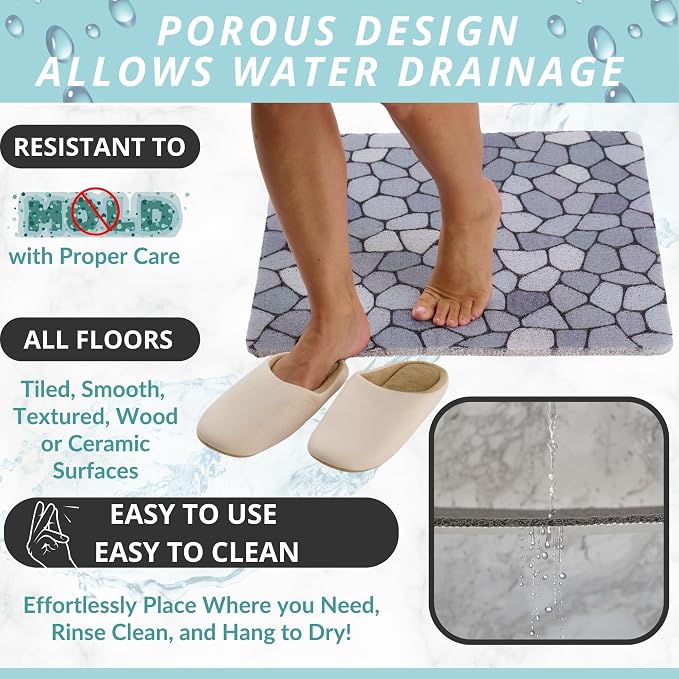 Enkosi Loofah Shower Mat Non Slip – Square Anti Slip Bath Mat for Inside Showers, Bathtub, Tub, Bathroom - Cushioned, Quick Dry PVC with Drain Holes - Secure Grip Safety Pad (Pebble Blue 24x24)