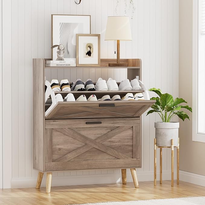 Homleke 32" W Farmhouse Shoe Storage Cabinet with 2 Flip Drawers and Barn Door Design, Adjustable Shelves, Modern Hidden Slim Narrow Shoe Rack Cabinet for Entryway, Foyer, Hallway, Living Room, Greige