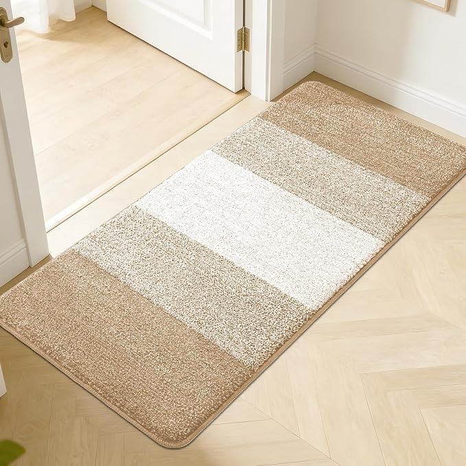 Kitinjoy Indoor Outdoor Door Mat, 50x30 Non-Slip Absorbent Dirt Trapper, Low-Profile Washable Inside Entrance Front Floor Mat, Sturdy Soft Entry Doormats for Entryway, Beige