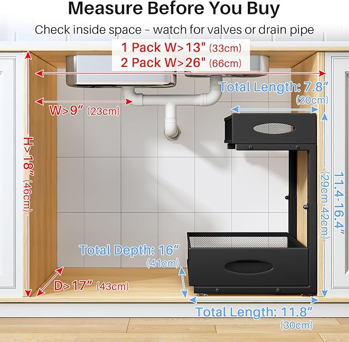Under Sink Organizer, 2 Pack 2 Tier Pull Out Under Cabinet Organizer Shelf with Pad for Framed Cabinets, Metal Slide Out Under Sink Storage, Mesh Sliding Drawers for Kitchen Bathroom Laundry, Black