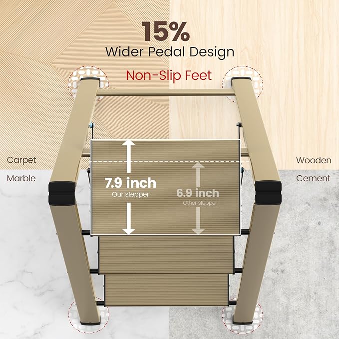 HBTower Step Ladder,Lightweight Aluminum Folding Step Stool with Anti-Slip Wide Pedal,330lbs Capacity Step Ladder for Household,Kitchen,Office - Gold
