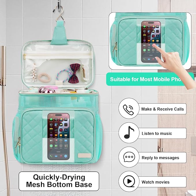 Portable Shower Caddy College Dorm Essentials(Full Size Bottle Compatible), Toiletry Bag for Women Men, Hanging Makeup Organizer Bag for Travel,Gym & Camping, Mint Green
