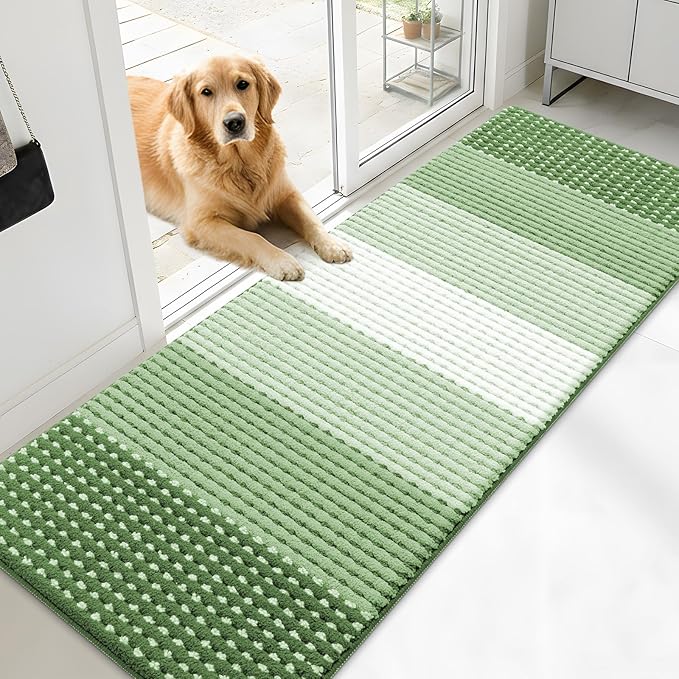 Kitinjoy Indoor Outdoor Door Mat, 71x24 Non-Slip Absorbent Dirt Trapper, Low-Profile Washable Inside Entrance Front Floor Mat, Sturdy Soft Entry Dotted Ombre Doormats for Entryway, Sage Green