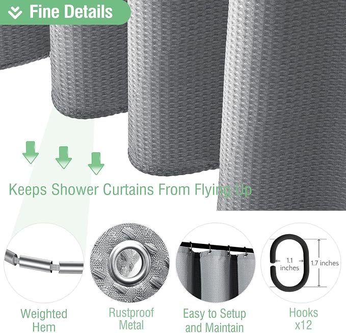 Dynamene Long Fabric Shower Curtain - 78 inch Long Waffle Weave Weighted Cloth Shower Curtains for Bathroom, Neutral Heavy Duty Hotel Spa Luxury Bath Curtain Set with 12 Plastic Hooks,72x78, Grey